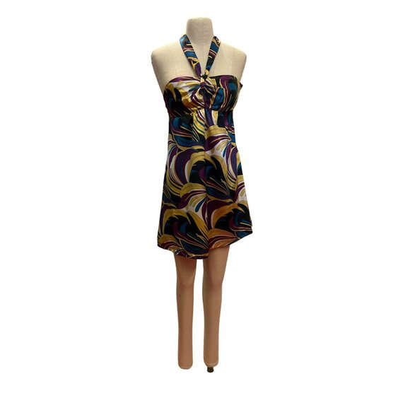 Swirling Abstract Halter Neck Silk Dress In Retro Jewel Tones By Intrigue Prom H - Picture 1 of 6
